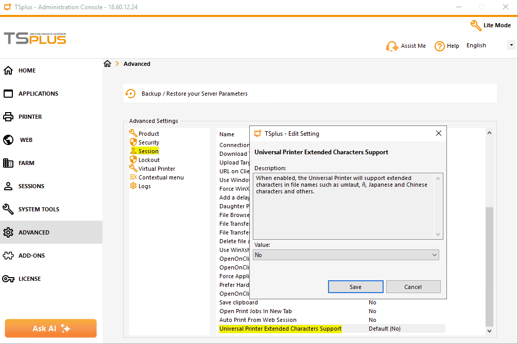 Enables extended characters in filename.