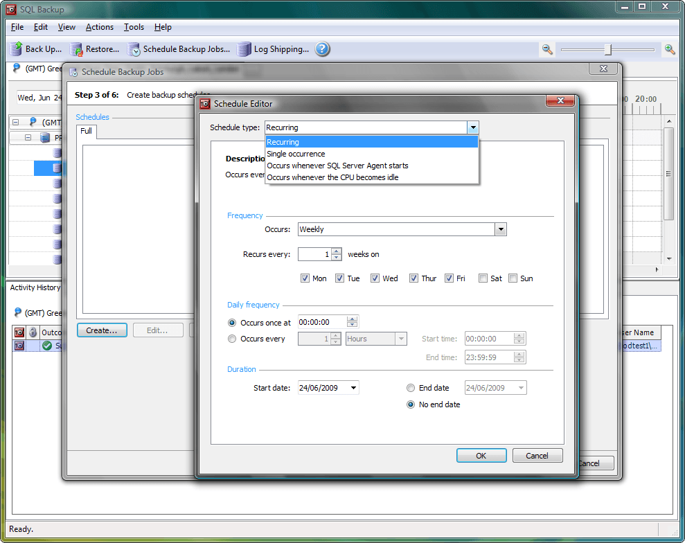 SQL Backup provides the Schedule Backup Jobs wizard to guide you through the process of setting up scheduled SQL Server Agent backup jobs that use SQL Backup to perform the backup.

You can use the Schedule Backup Jobs wizard to generate a SQL script for backing up multiple databases. You can then view this script and use it as a basis for your own multiple database backup scripts.

The Schedule Backup Jobs wizard automatically sets up a job step using the RAISERROR command so that the SQL Server Agent reports an error if the SQL Backup command fails.
