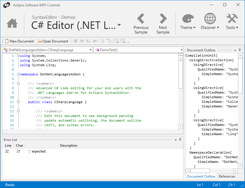 SyntaxEditor has a number of display features you find in the Visual Studio code editor such as line numbers, visible whitespace, word wrap, line modification marks, split views, mouse wheel zooming, and more.