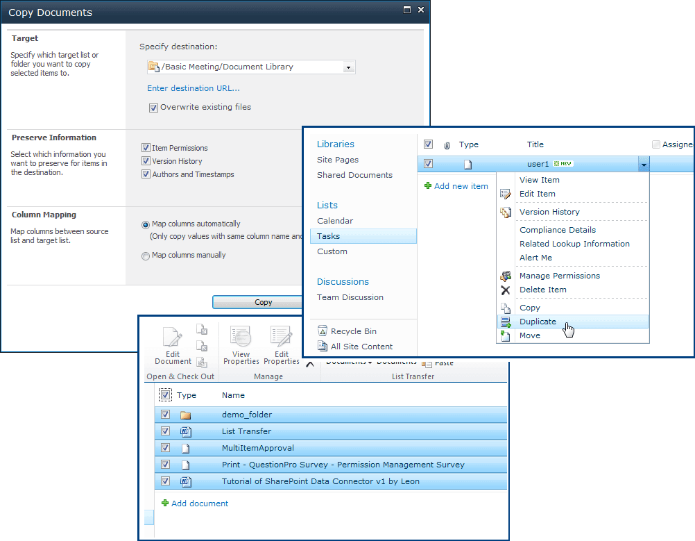 Copy and move documents list items across SharePoint libraries and lists within a browser.