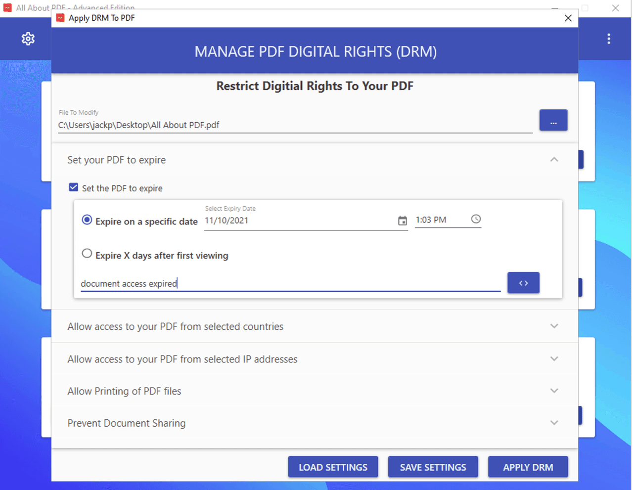 All-About-PDF DRM features allow the user to set an expiry date or select the number of days the PDF document can be accessed by a recipient.