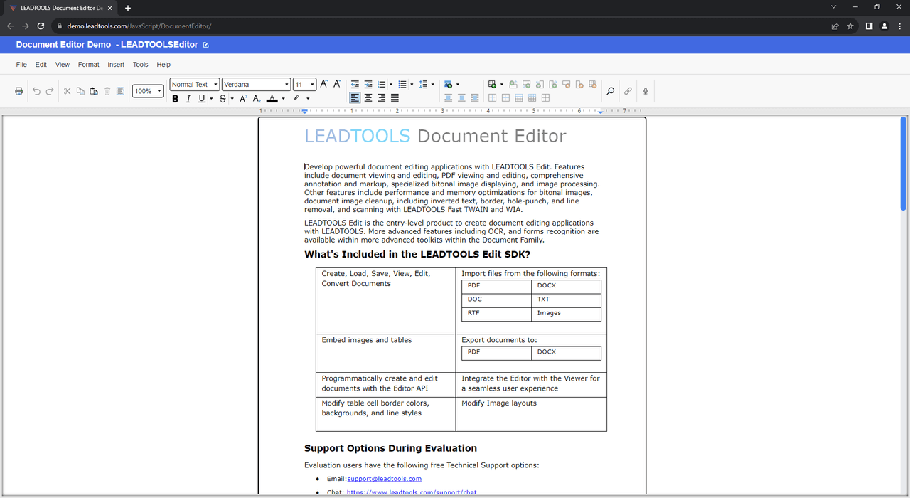 Create, edit, and convert RTF, DOCX, and PDF files with the LEADTOOLS HTML5/JavaScript Document Editor control.