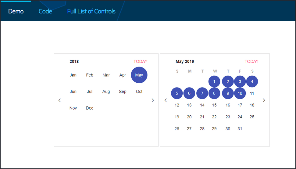 Week, month and year views. Single, multiple and range date selection.