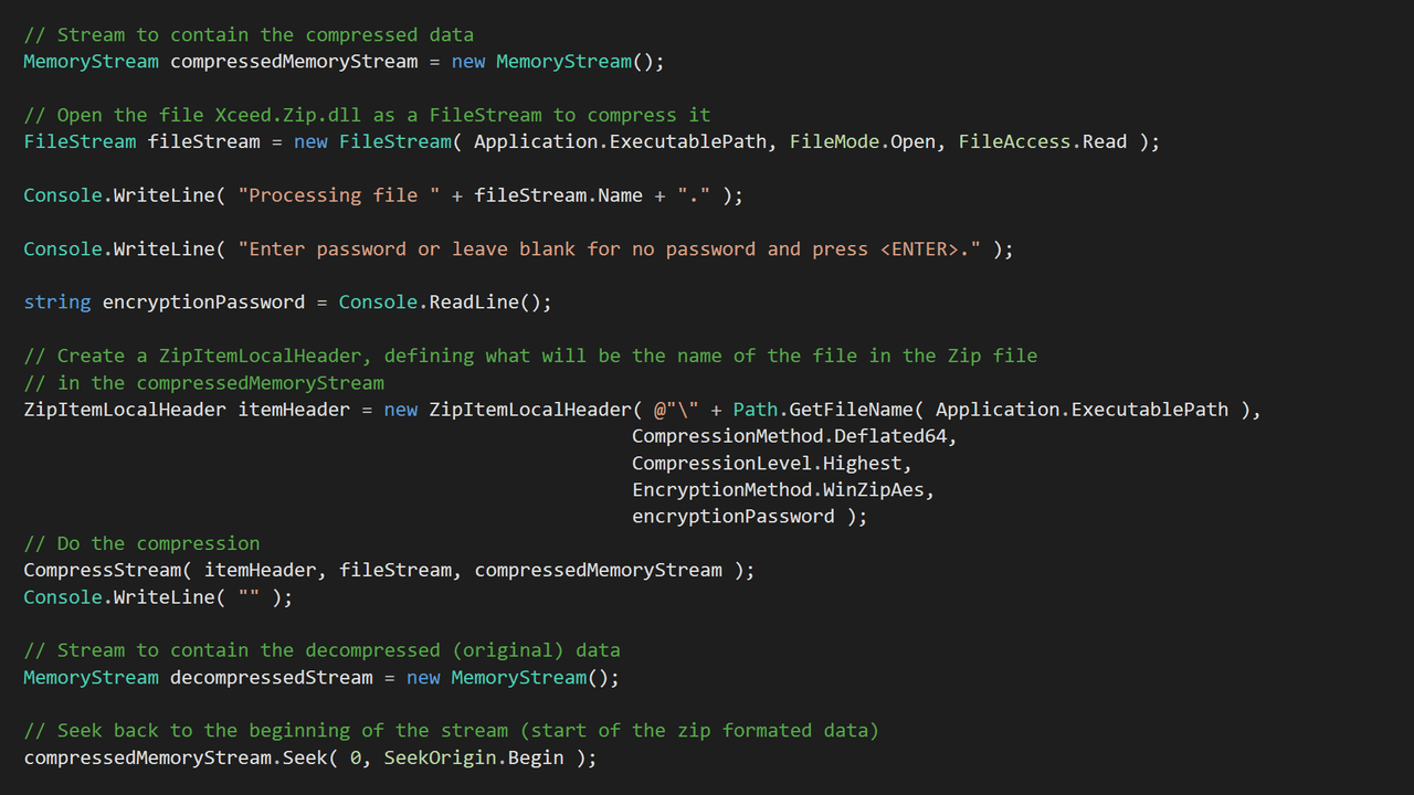 Create/extract entire Zip files, perfect for streaming scenarios where you don’t have access to the storage filesystem.