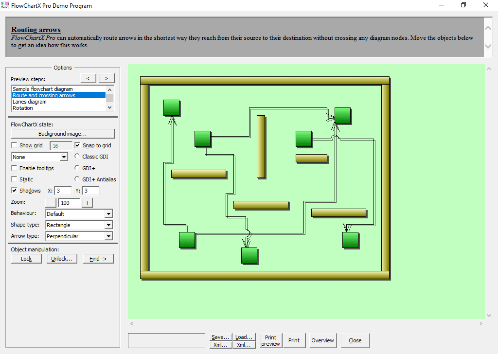 FlowChartX Professional can automatically route arrows in the shortest way they reach from their source to their destination without crossing any diagram nodes.
