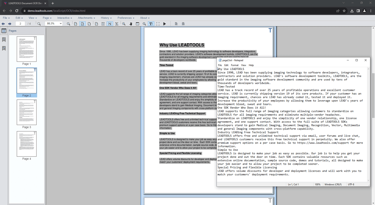 Use the HTML5/JavaScript DocumentViewer control along with the back-end DocumentServiceDemo to extract text and perform OCR in the browser.