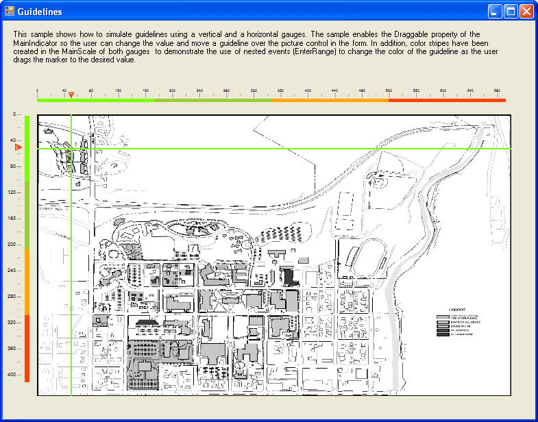 You can simulate guidlines by using vertical and horizontal gauges. In the above example the Draggable property of the MainIndicator allows users to change the value and move a guideline over the picture.