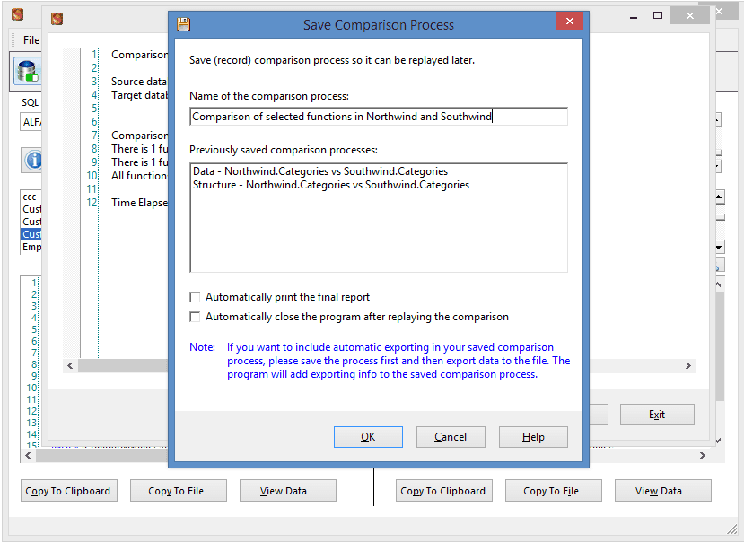 Each comparison process can be saved so that it can be re-played at a later time, without the need of re-entering the parameters of the comparison.