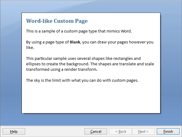 Actipro Wizard for WPF includes numerous built-in animated page transition effect options, everything from simple fades to wedge wipes