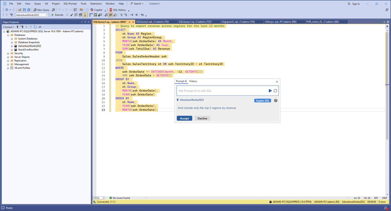 SQL Prompt includes optional AI-powered features designed to support your workflow. Write or modify queries using natural language, get clear explanations for unfamiliar code, and fix and optimize SQL with ease - all without leaving SSMS.