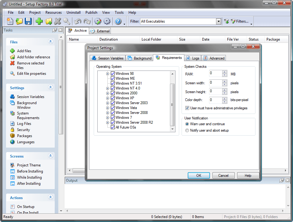 Setup Factory includes all of the latest OS detections, automatically populated built-in variables with the latest “popular” folder locations (e.g. CommonDocumentsFolder, MyMusicFolder, MyPicturesFolder, MyVideosFolder) and built-in the smarts so your installer will work on the newest operating systems as well as legacy systems all the way back to Windows 95.