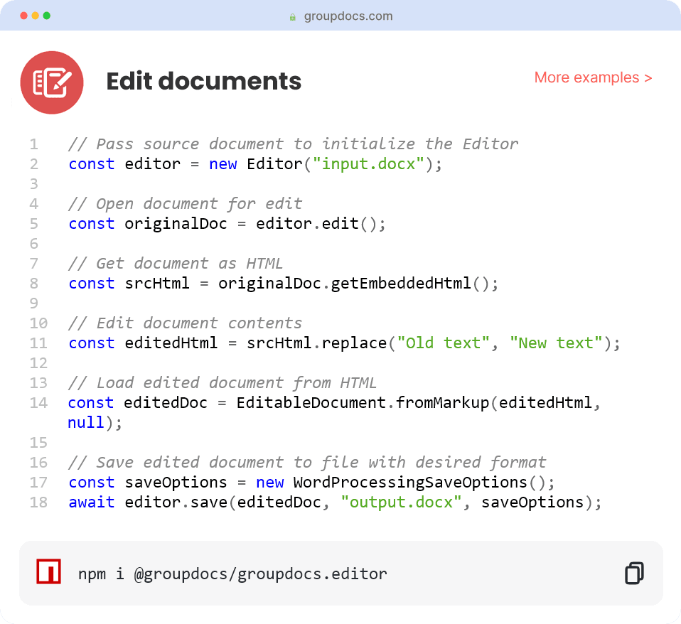 Powerful editor API to manipulate Microsoft Office, PDF, HTML, eBook and email files using Node.js via Java.
