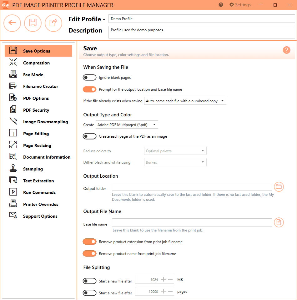 The Save Options tab holds all of the most frequently used settings. On this tab you can choose output type, color settings and file location.