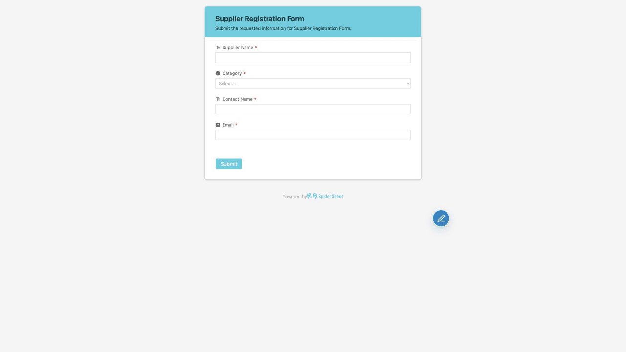 Public Form – A published supplier form collects required information outside the internal workspace.