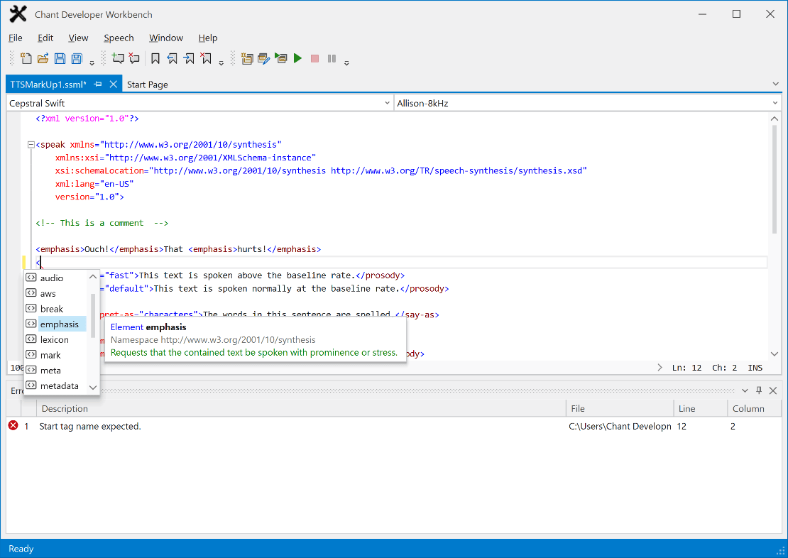 Edit L&H Native Control Sequence, SAPI 5, and W3C Speech Synthesis Markup Language (SSML) faster with built-in intelliprompt that suggests valid markup syntax.