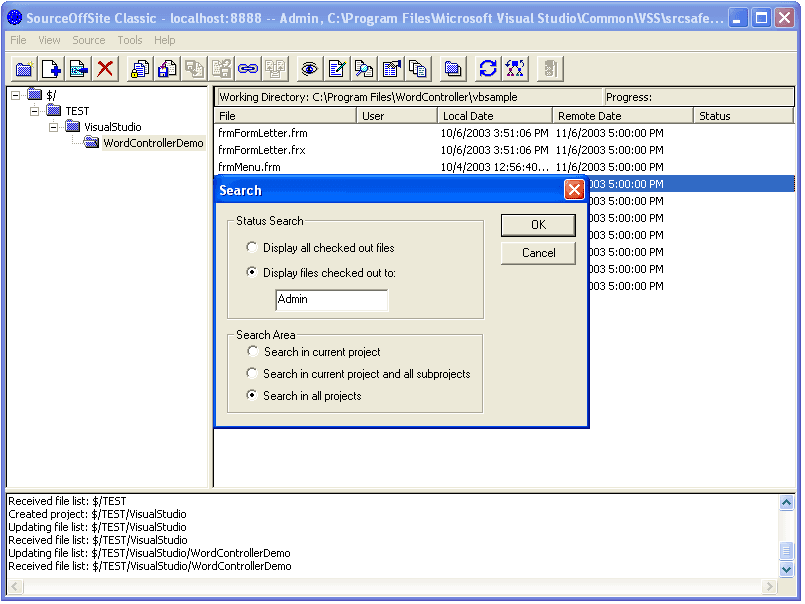 Search all projects, or specify criteria (e.g Username) for a file search.