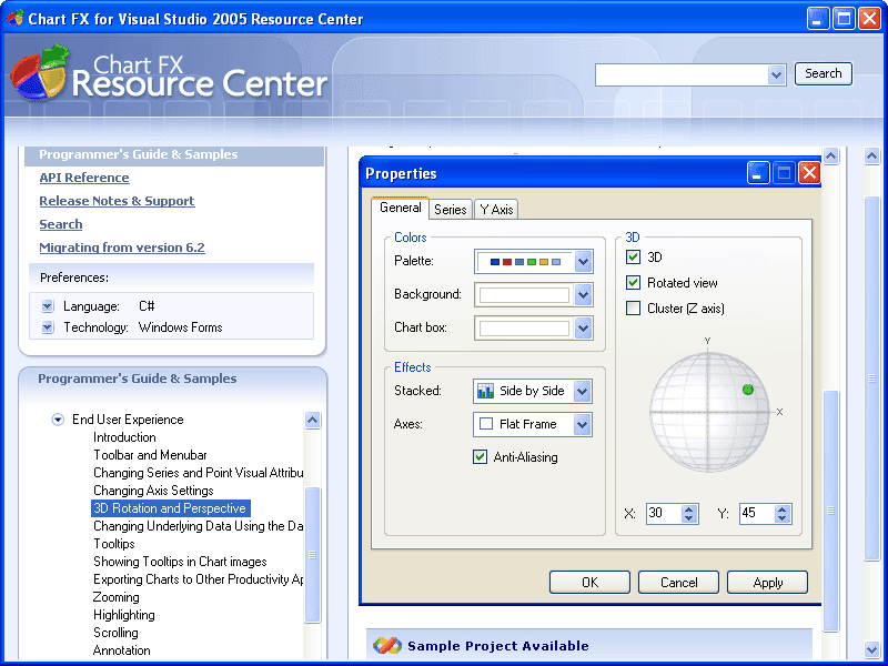 The Chart FX UI including the Toolbar, Context Sensitive Menus and Dialogs provides an easy way for the End User to change visual attributes of any chart element. Advanced features like the ability to change the rotation angle and perspective of a 3D Chart or change axis settings are also included.