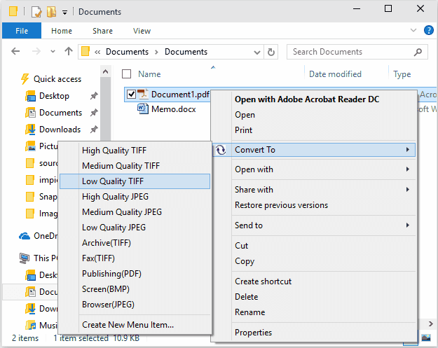 Converting files is as easy as right-clicking on a file and using the Convert To context menu to select the type of output file you want to create. The Convert To context menu also appears when you right-click on a folder in the Windows Explorer shell. From this menu you can convert files using the existing menu items or create new menu items. Folders or files are converted in accordance with the settings associated with the selected job profile. See Working With the Job Profiles Editor for information on viewing job profile summaries, and displaying and arranging job profiles in the shell context menu.