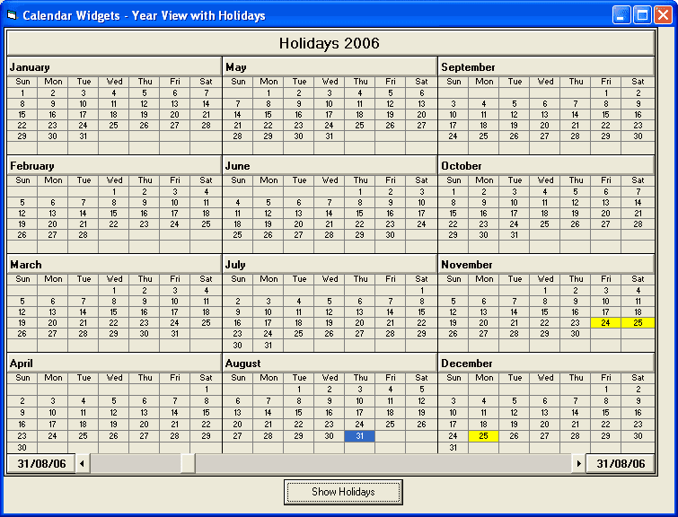 The YearView control has all the features of the MonthView control with the added ability to display an entire year at a time. This control can be used as the foundation of an application with yearly planning capabilities. Like the MonthView control, the YearView control is also data aware.