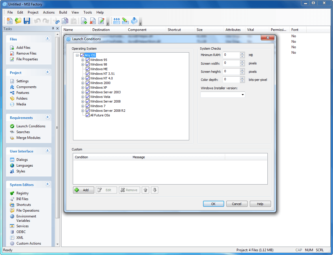 Use the project settings dialog to adjust your project wide settings including your company information and your product's MSI product code. Make a single installer that is compatible with all Windows systems, including Server and even 95.