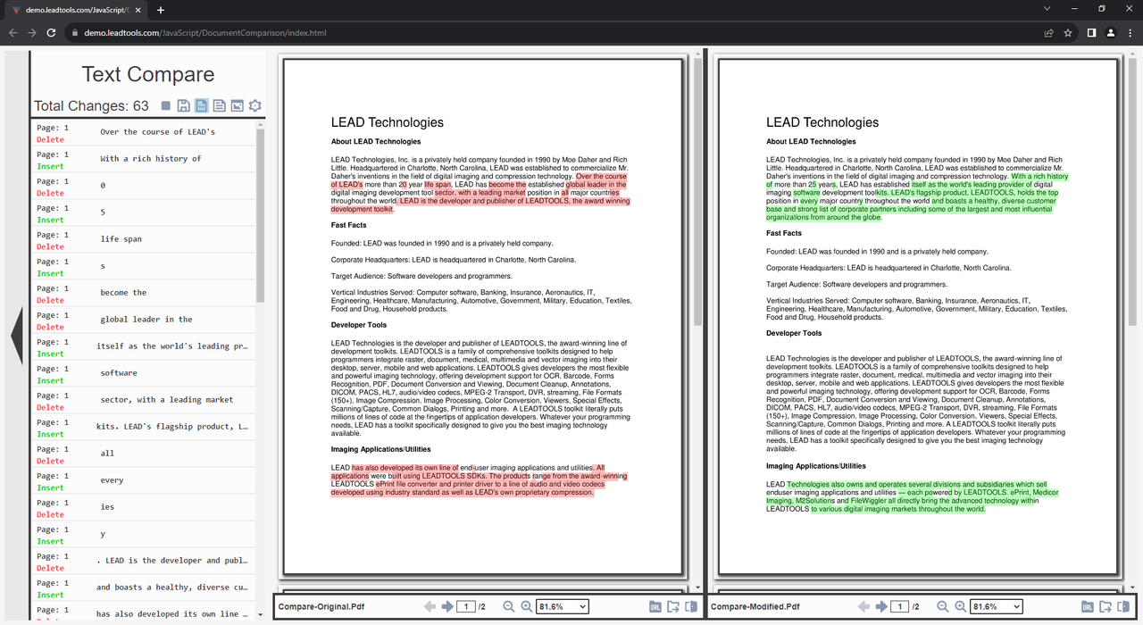 Quickly gather differences in document data, including text, images, and metadata with the LEADTOOLS HTML5/JavaScript Document Compare Demo.