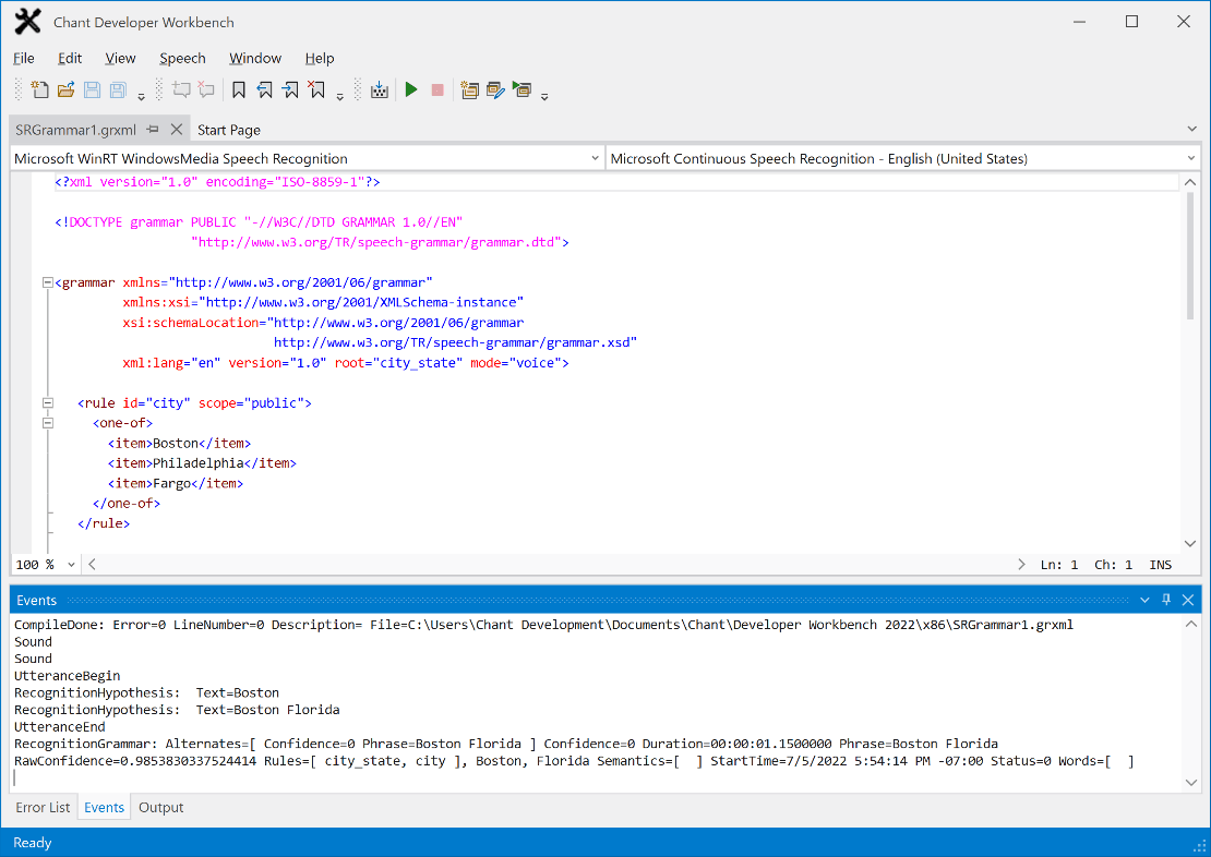 Browse recognition events in the Events window.