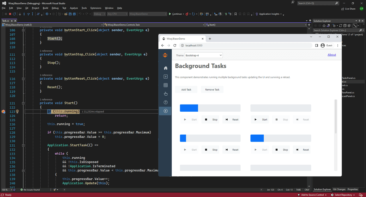 Wisej.NET can debug live any aspect of the web system: background tasks, events, UI code, modal workflow. Includes full support for hot reload (edit and continue).