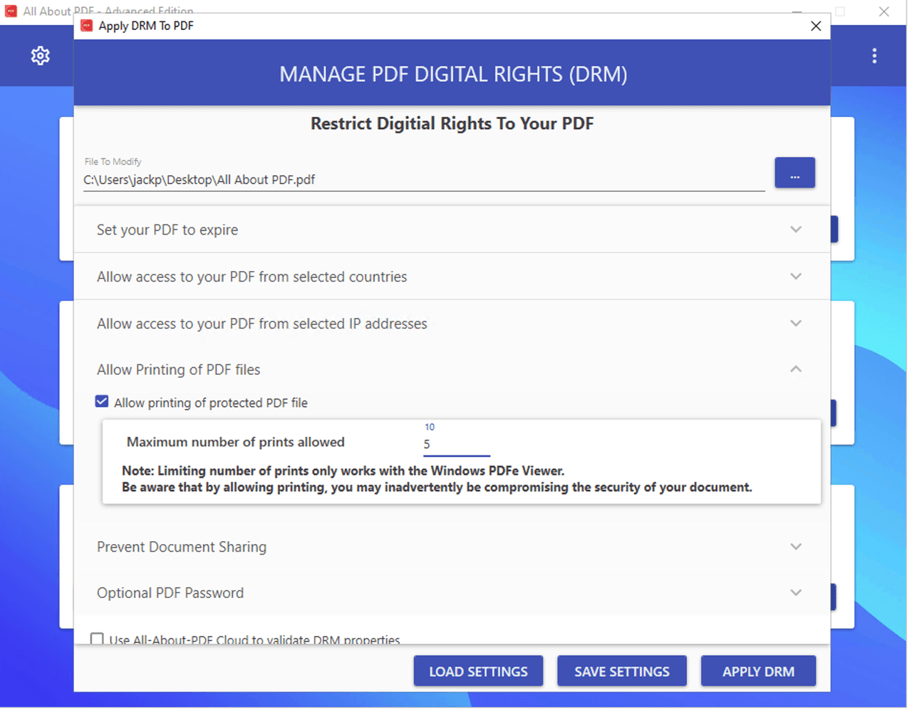 Being able to control how and where a document is shared. All-About-PDF users are able to disable printing or only allow their PDFs to be printed x number of times.