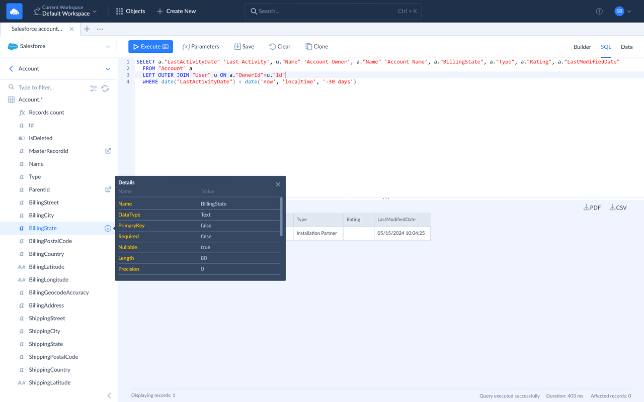 Query your data from a web browser via visual query builder or SQL.