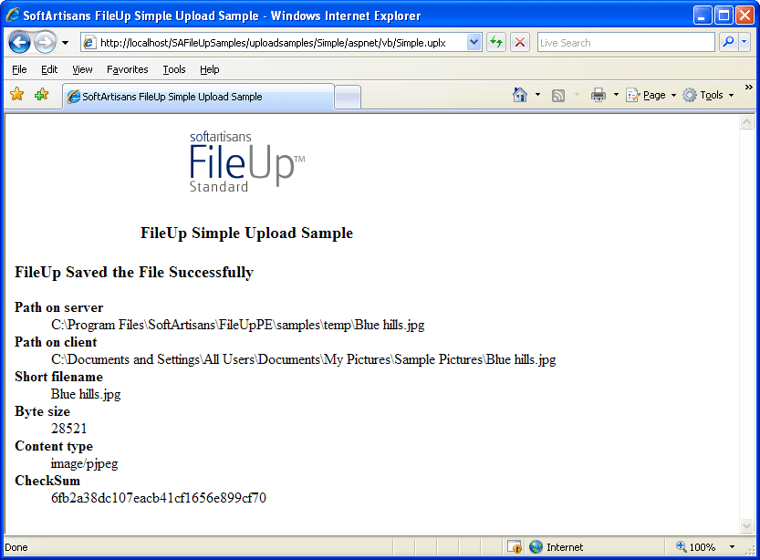 FileUp processes uploads sent from a client over HTTP to a server running Microsoft Internet Information Server (IIS). Uploads are typically submitted from a web page or from a client-side ActiveX control such as SoftArtisans XFile. Uploaded files can be saved on the web server or to another machine on the same local network as the web server.
