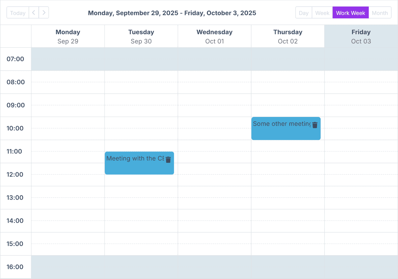 Supports day, week, and month views, drag-and-drop, recurring events, resource grouping, and customizable time slots. Time-zone aware with template hooks and theming, it's a complete solution for calendars, bookings, and operations dashboards.