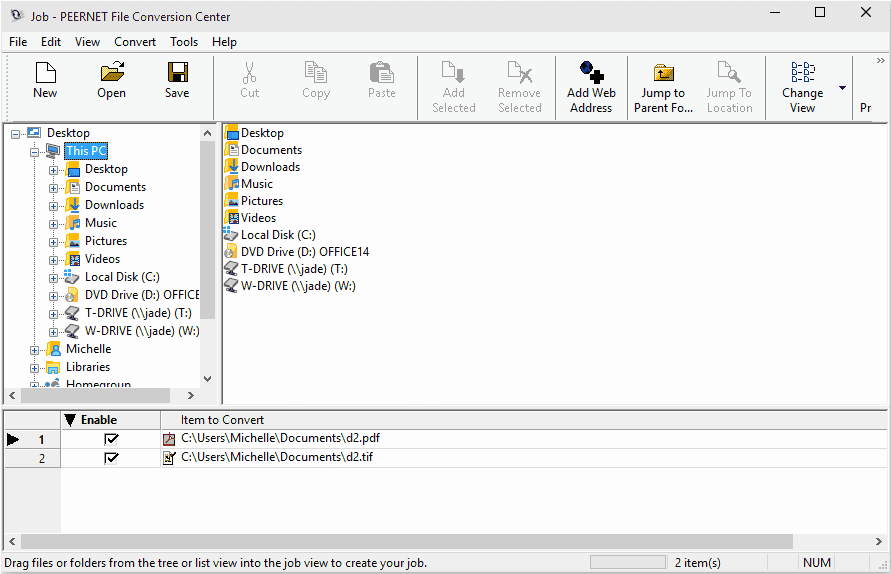 The advanced application interface consists of a toolbar with the most common actions, the file browser panel for finding and adding files to the job list, a grid view listing all files, folders and web pages in the current job list, and a status bar.