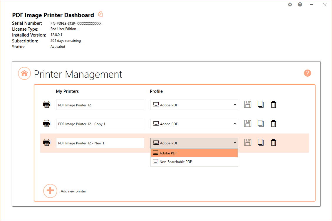 Quickly manage your printer settings directly from the Dashboard. Printer Management allows users to change the default profile PDF Image Printer uses to create output files, add new copies of the printer, and rename or delete existing printers.