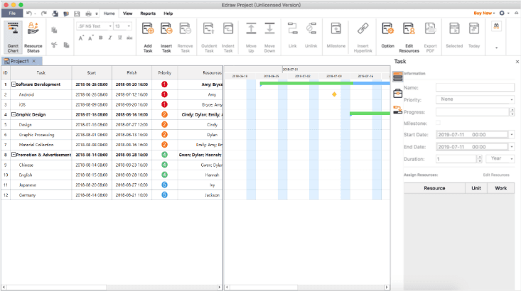 Prioritize tasks, change start dates and duration of tasks with our intuitive drag-and-drop functionality.