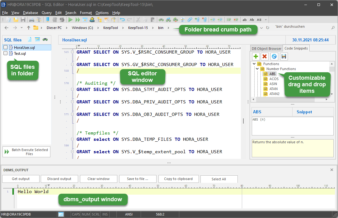 The SQL-Editor is a powerful text editor for SQL and Oracle PL/SQL and comes with syntax highlighting as well as the capability to execute single SQL commands or batch-execute SQL scripts.