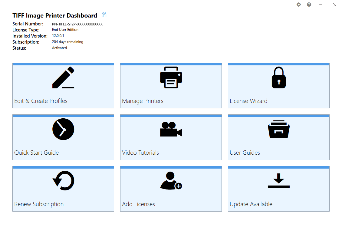 The TIFF Image Printer Dashboard is the control center which brings all the tools for creating and editing profiles, managing printers, accessing help resources and product activation together in one place. Great place to quickly check your subscription expiry date or get notified about new updates.