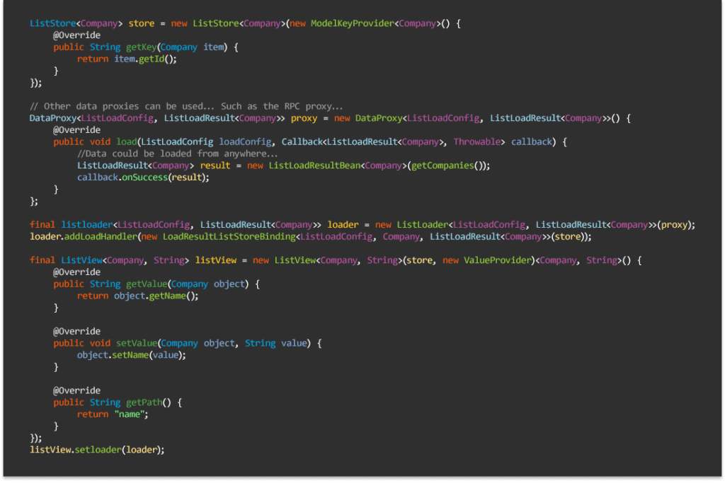 Sencha GXT data package is protocol agnostic, and can consume data from any back-end source.