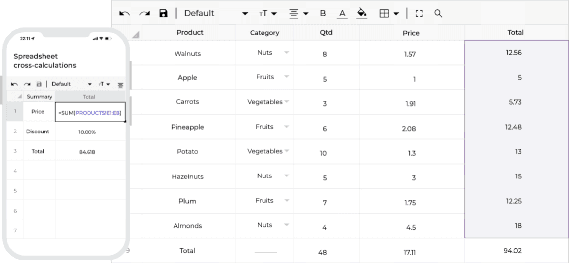 Over 400 implemented formulas. Jspreadsheet Pro is a feature-rich component that includes functions like cross worksheets, filtering, export to xlsx, import from xlsx, data binding, and more.