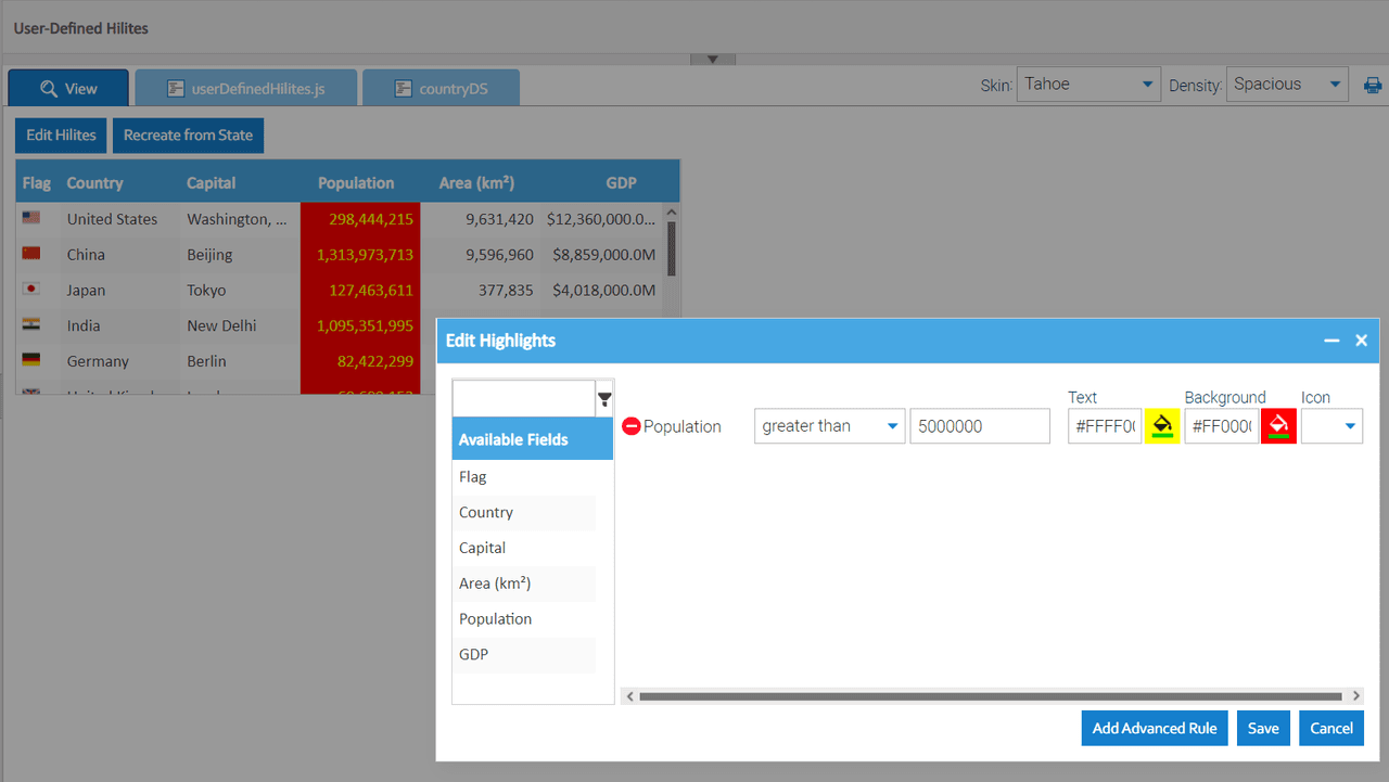 Build condition-based configurable highlighting of cells in your grid based on data rules.