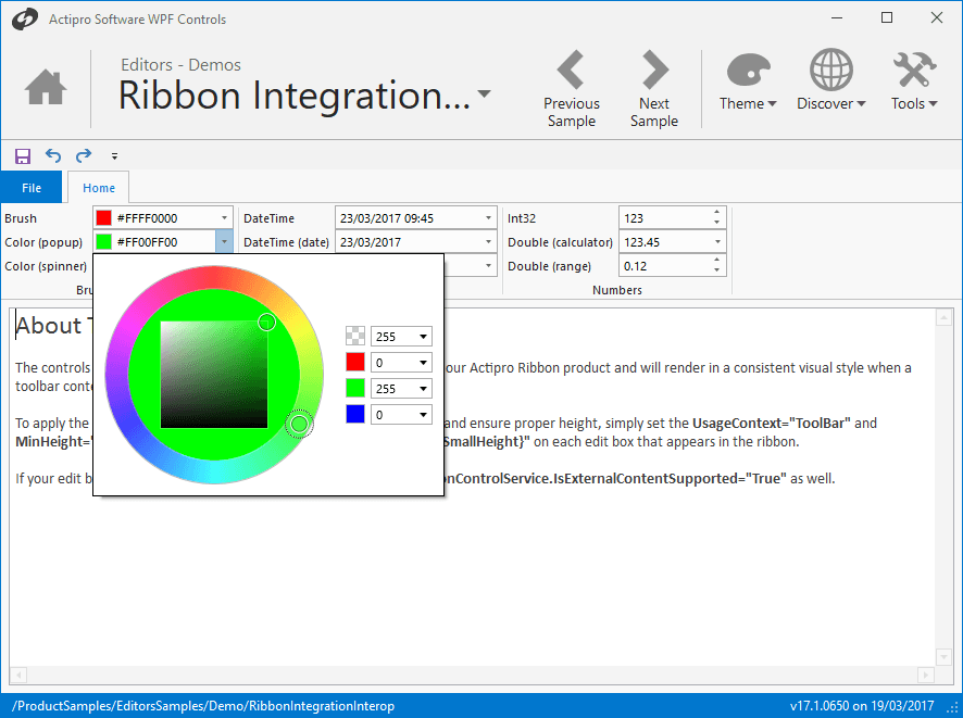 The controls provided by the Editors product can be easily integrated into the Actipro Ribbon using a special Interop assembly. The Interop assembly provides Ribbon compatible styles for the Editors controls, which allows them to blend in seemlessly with the existing Ribbon controls.