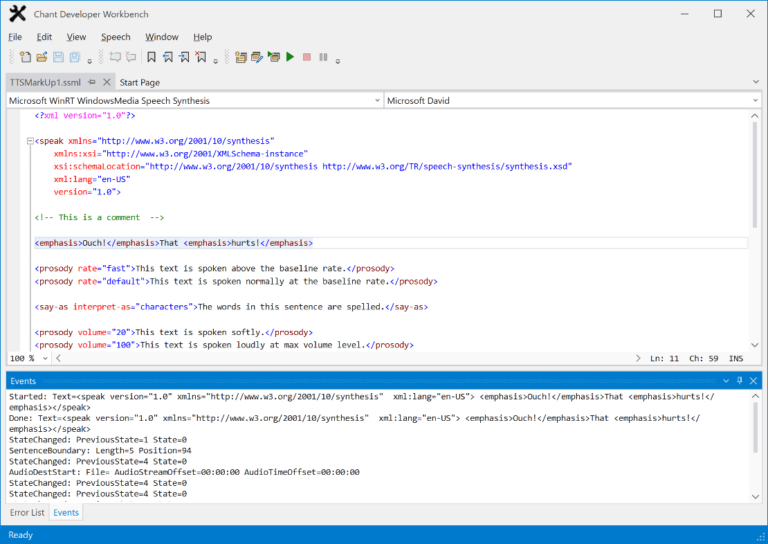 Playback text-to-speech markup with a click of the button. Highlight specific text or playback the entire document.
