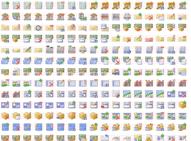 All of the Actipro Icons are implemented in 16x16, 32x32 and 64x64 pixel sizes, with normal, hot and disabled states for each. Screnshot showing some of the icons from the Business set, included in Actipro Icons.