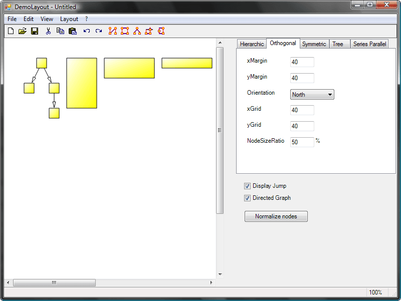 The OFlow layout algorithm allows performing an orthogonal layout on a graph. The layout is orthogonal since it produces an orthogonal drawing where each edge is drawn as a polygonal chain of alternating horizontal and vertical segments. OFlow works with any graphs, connected or not. In the resulting drawing, if the graph is a graph of maximum degree four, then each node has the same size. If the degree of a node is higher than four, then the height of the node is expanded.