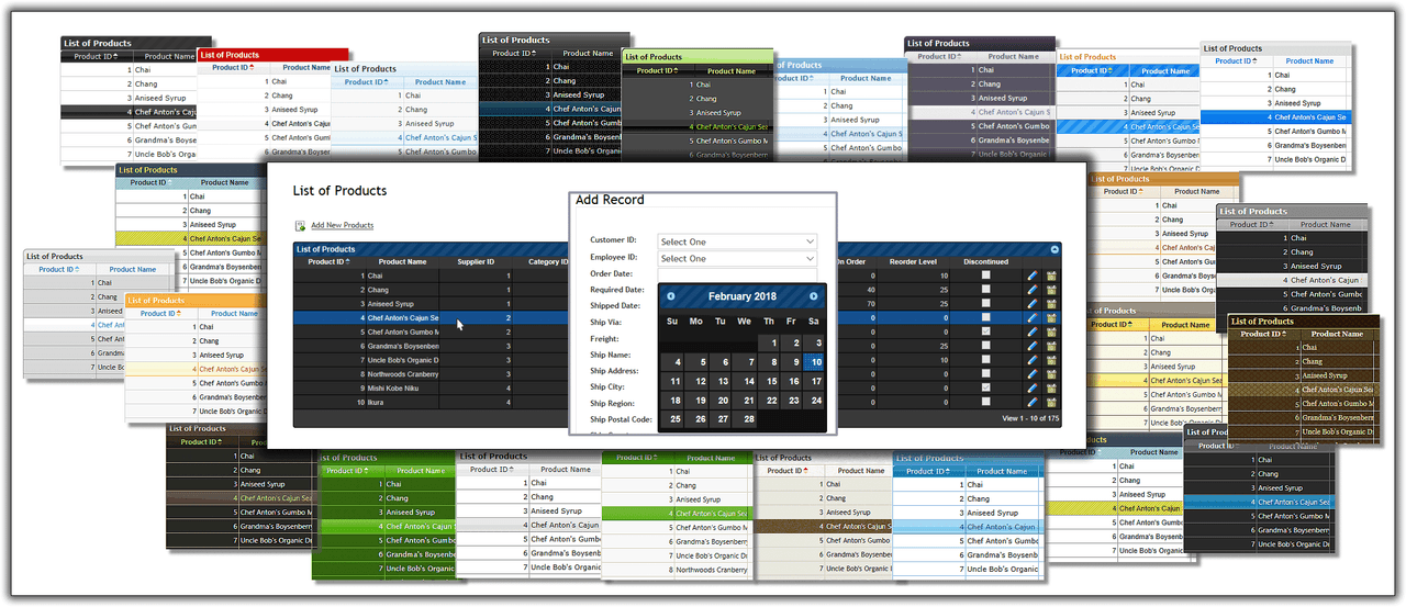Generate your presentation layer grid interfaces using any of the 24 JQuery UI themes.