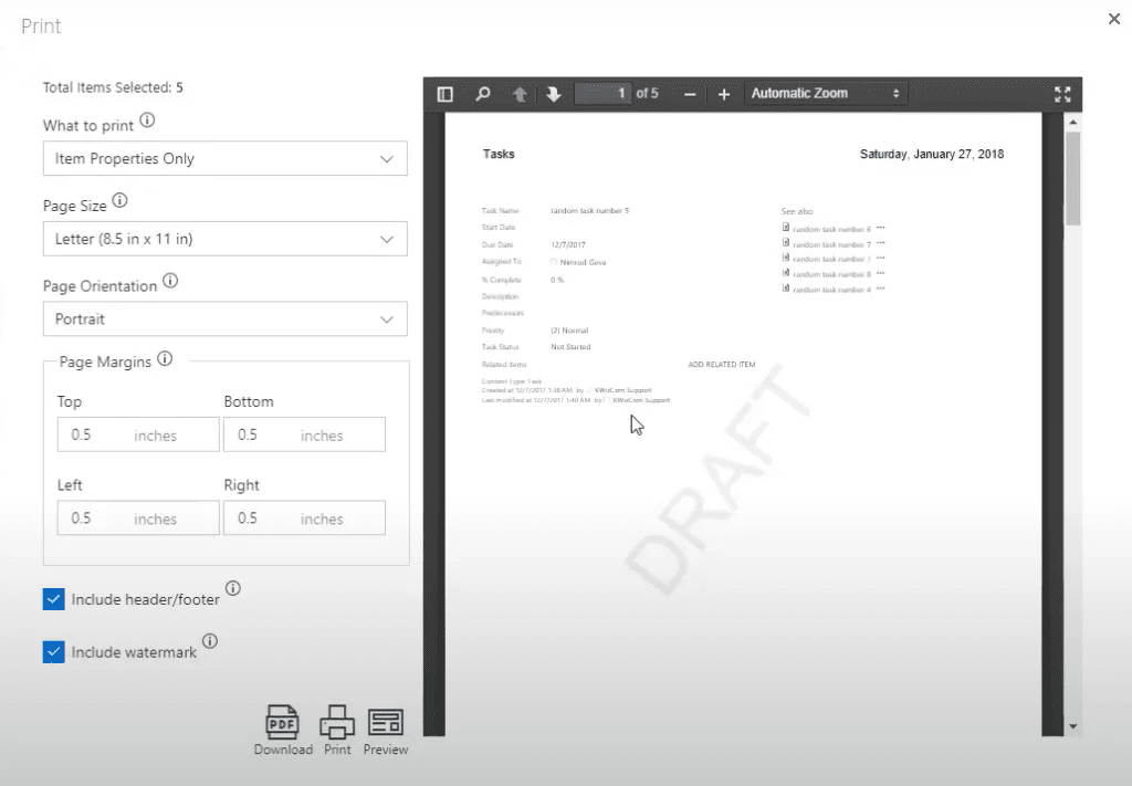 Merge documents, list items, Wiki pages, and attachments to create printable PDF files with ease.