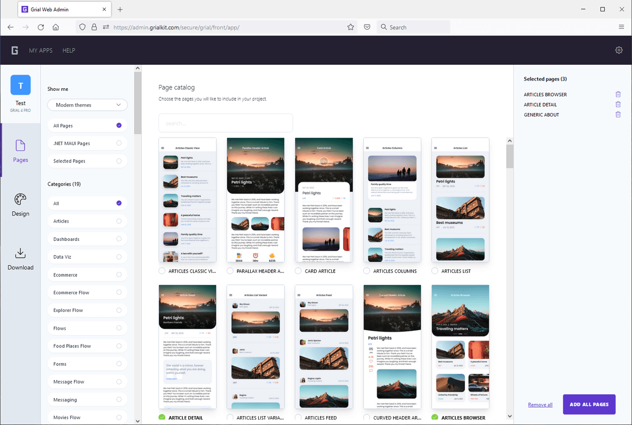 Choose content from a library of resources and examples organized in pages.