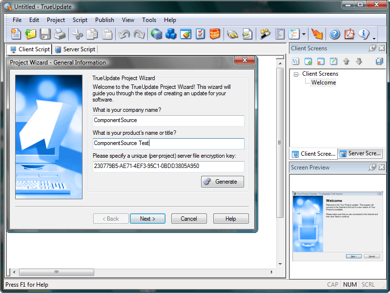 The easy-to-use project wizard walks you through the whole process, helping you identify your file versions, configure patch download locations, build your customized TrueUpdate client and upload the information to your server.