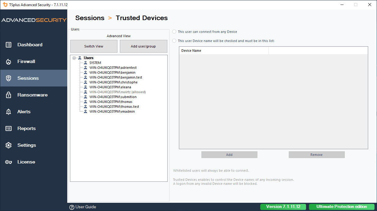 Administrators can decide whether a user can connect from any device or only specific device names. TSplus Advanced Security automatically creates a list of devices that attempt to connect, facilitating the administrator’s task of accepting or denying access from specific devices.
By pairing devices to user accounts, Device Protection prevents compromised credentials from being used to access your network, because the attacker would need an authorized device to connect.
