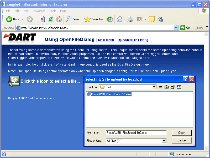 The OpenFileDialog control offers the same uploading behavior found in the Upload control, but without any intrinsic visual properties. To use this control, you set the ClientTriggerElement and ClientTriggerEvent properties to determine which control and event will cause the file dialog to open.
