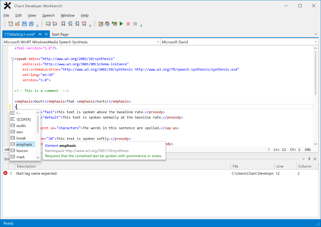 Edit L&H Native Control Sequence, SAPI 5, and W3C Speech Synthesis Markup Language (SSML) faster with built-in intelliprompt that suggests valid markup syntax.